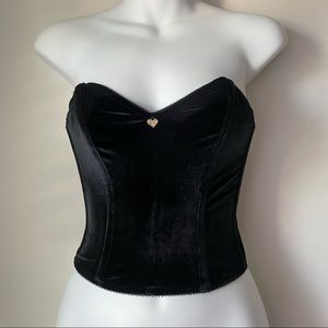 Vintage Black Velour Stapless Bustier with Heart Metal Embellishment Size M